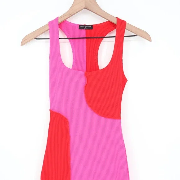 Naked Wardrobe Pink Red Colorblock Ribbed Midi Dress NW-D2400 Womens Size M - Picture 2 of 7